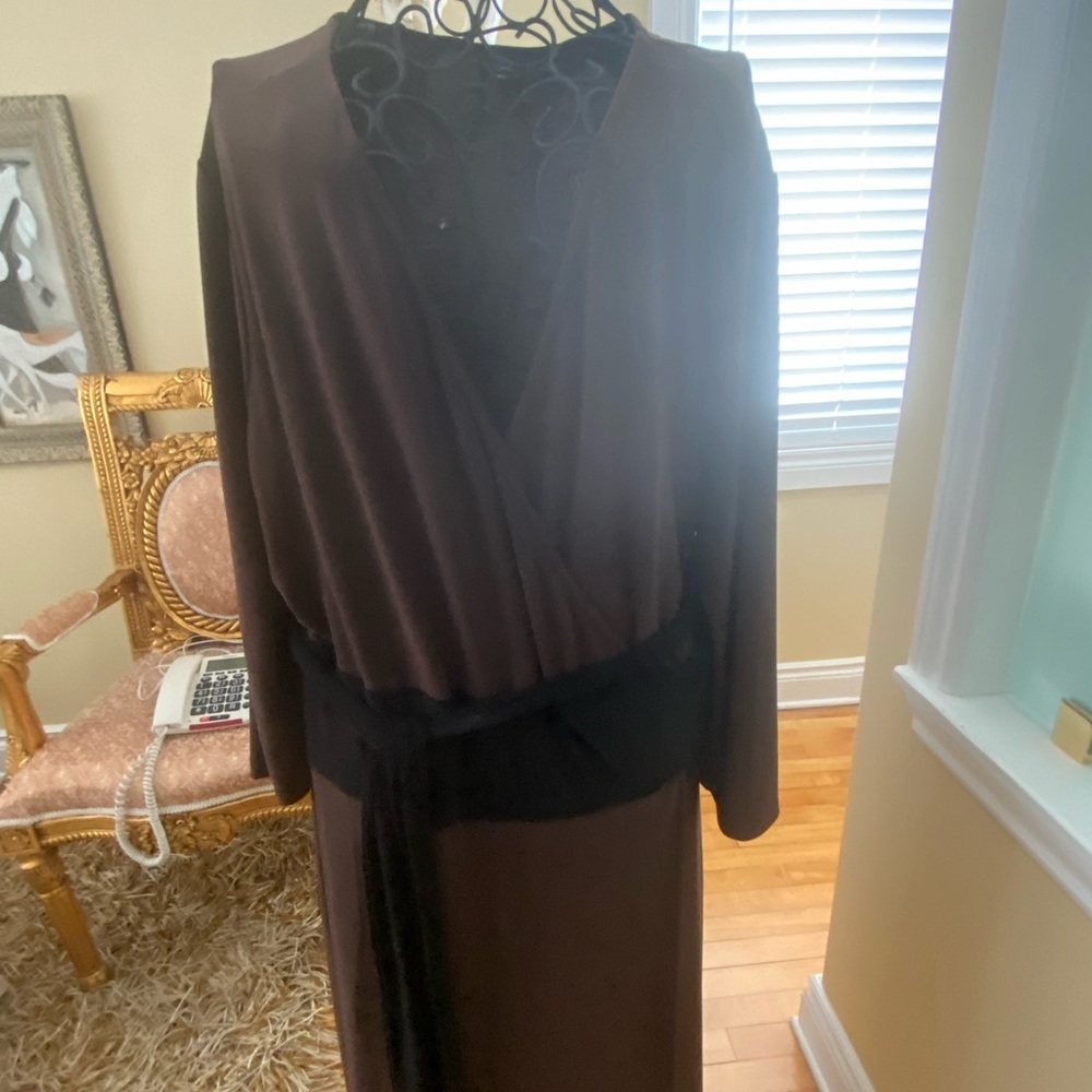 Burgundy and black wrap dress.